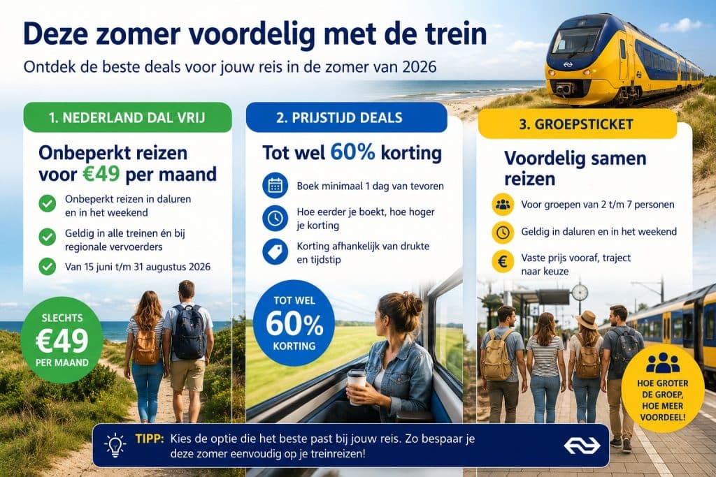 Goedkope treinkaartjes in de zomer van 2026: Nederland Dal Vrij, PrijsTijdDeal, Groepsticket